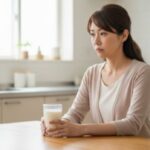 逆流性食道炎と牛乳の関係について、グラスを前に悩む女性