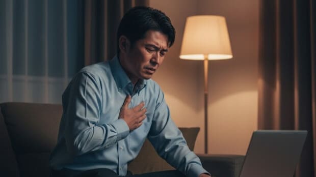 逆流性食道炎の胸やけで眠れず、仕事もままならない様子でぐったりする男性。