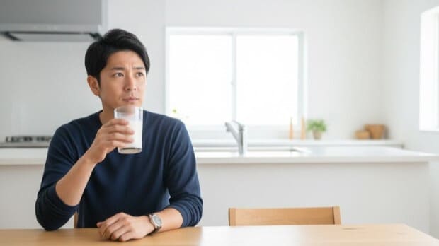 食前に牛乳を飲むことをためらっている逆流性食道炎の男性。