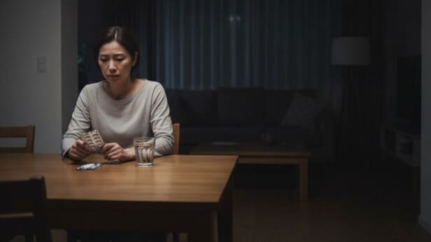 薬が効かない逆流性食道炎に悩み、テーブルの上の胃薬を不安そうに見つめる女性。